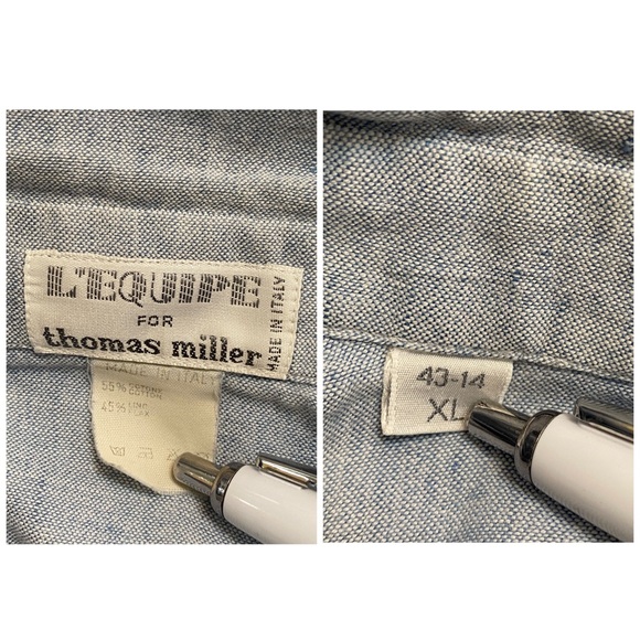 L’EQUIPE Italy Linen Cotton Blue Wash Men’s Shirt Long Sleeve Size XL - Picture 5 of 5